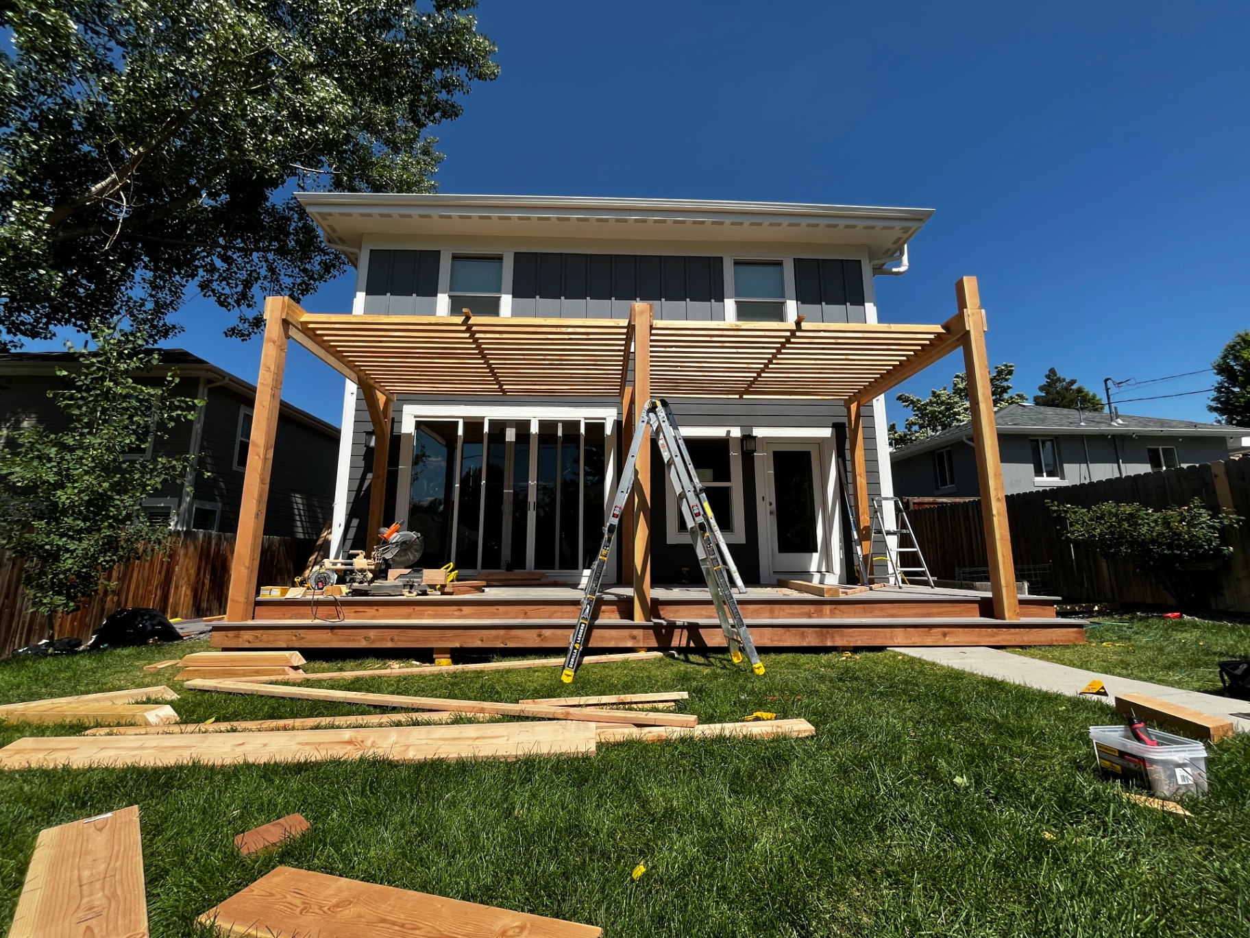Cedar pergola and deck framing in progress