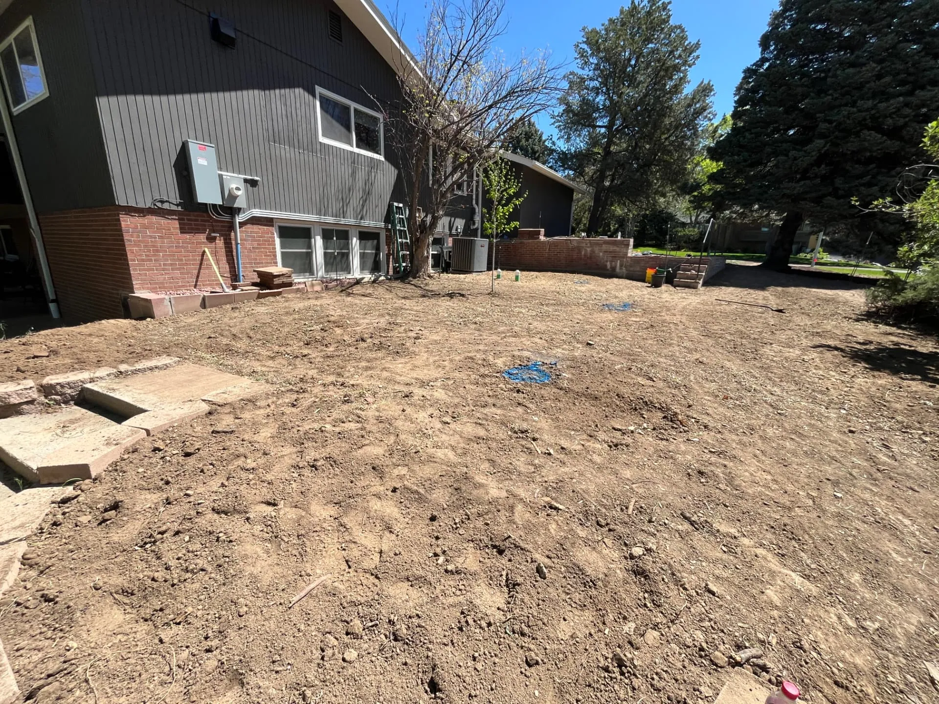 Backyard fully cleared and graded to dirt, ready for new landscaping