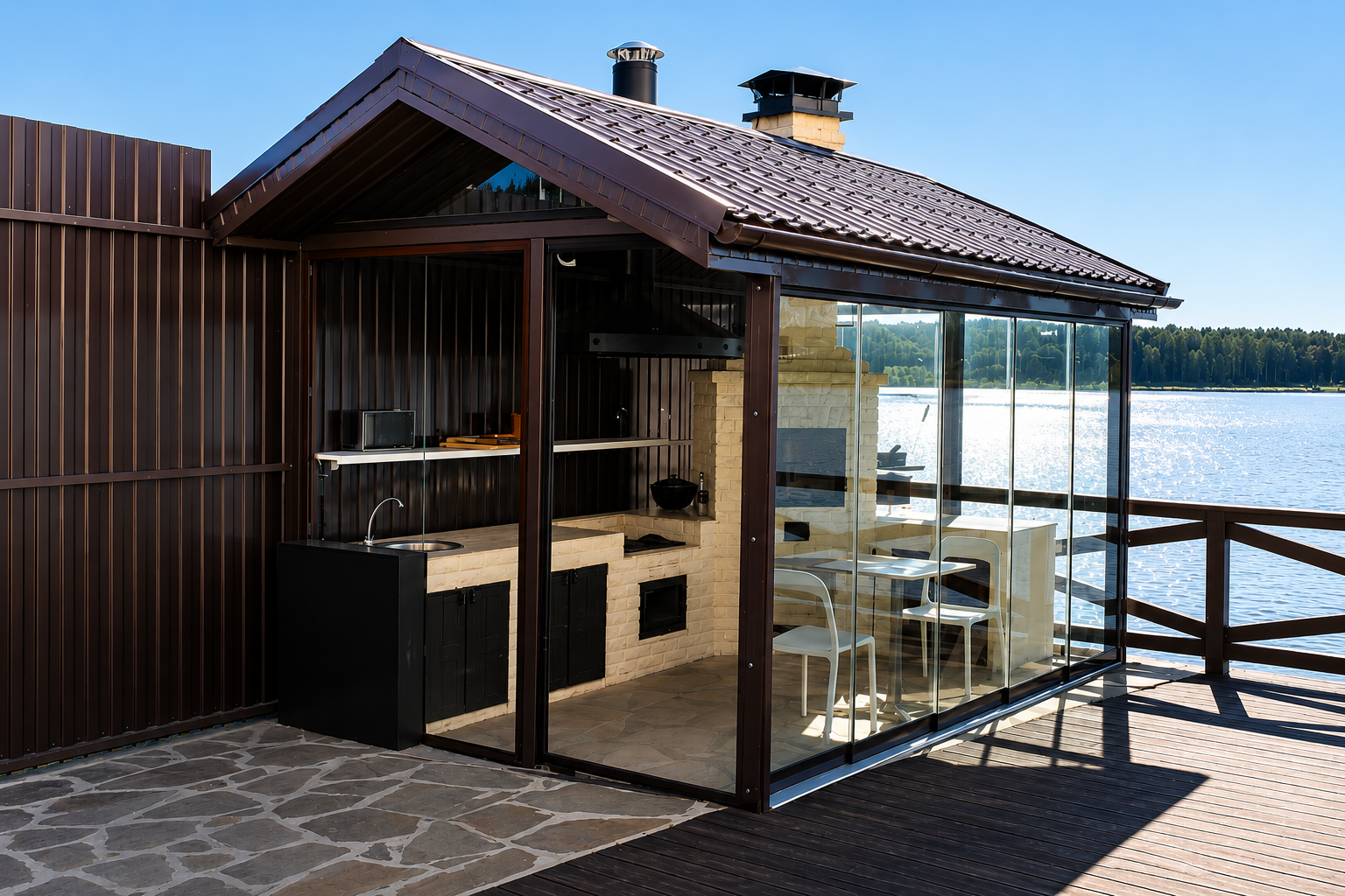 Lakeside outdoor kitchen with frameless sliding glass walls