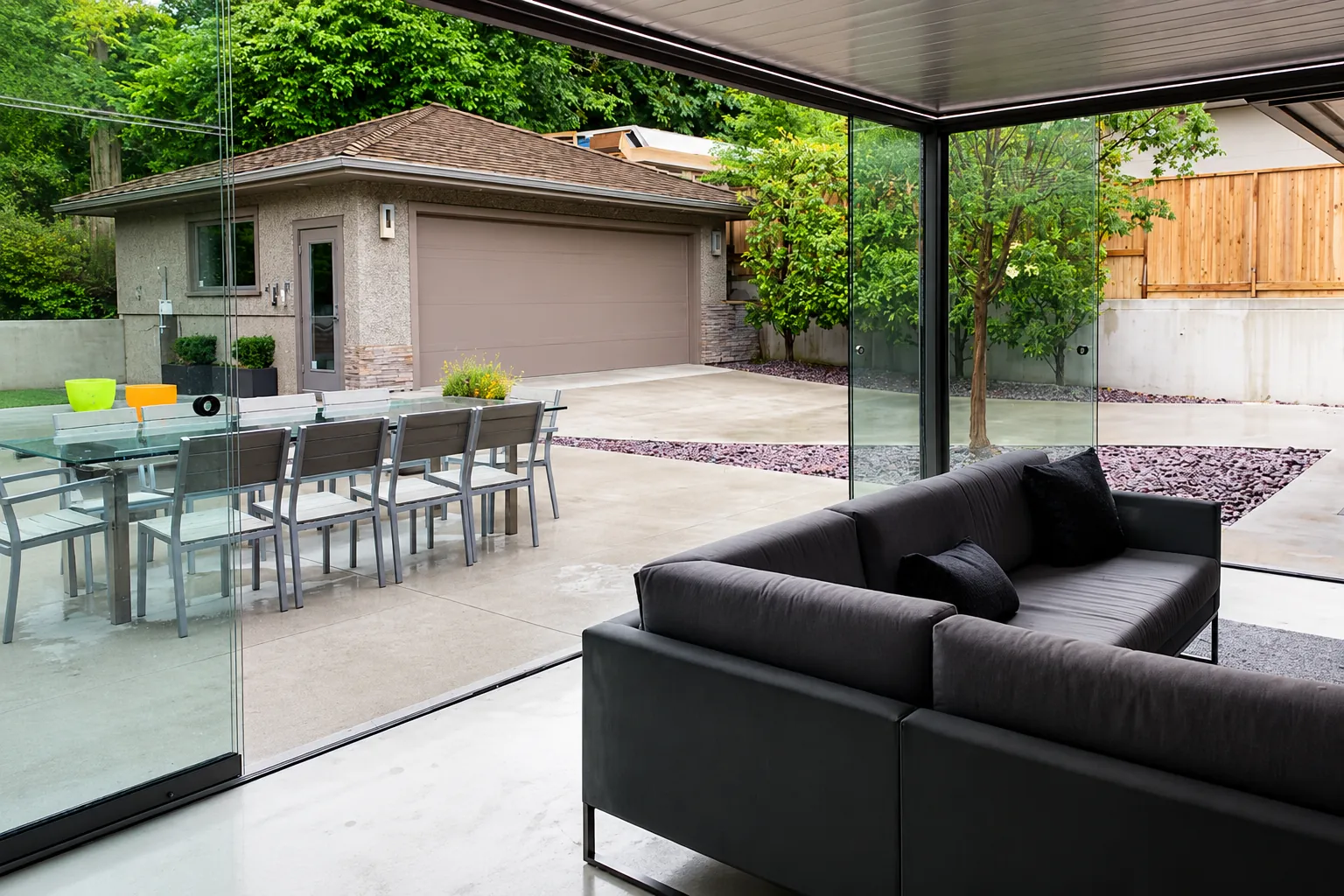 Modern frameless glass patio enclosure