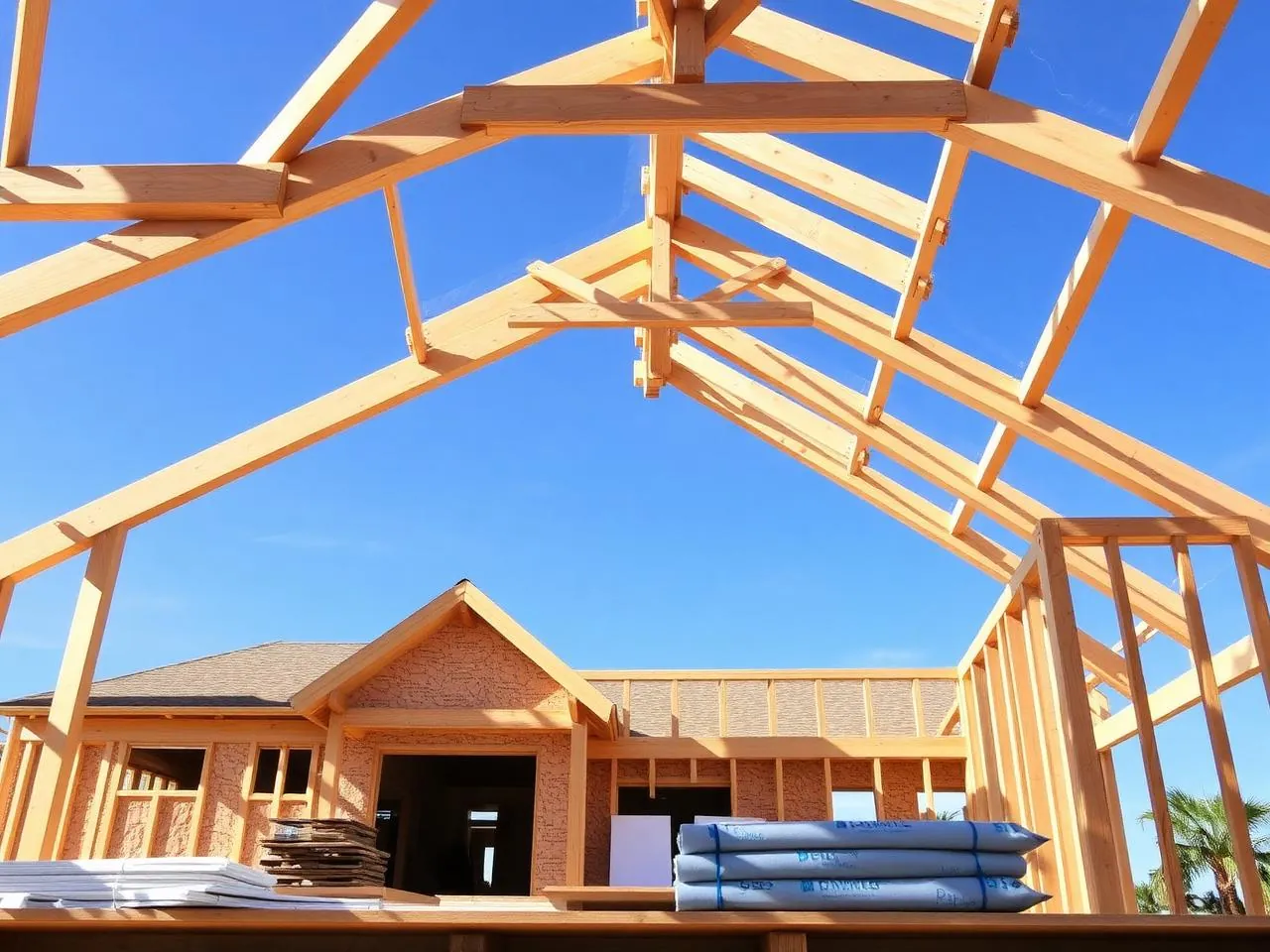 Custom home under construction on a Denver metro lot with framing and site work in progress